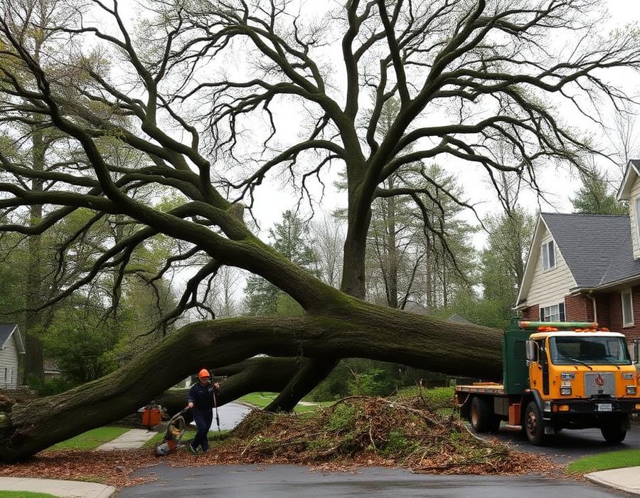 Crew clearing a storm-felled oak from a suburban driveway