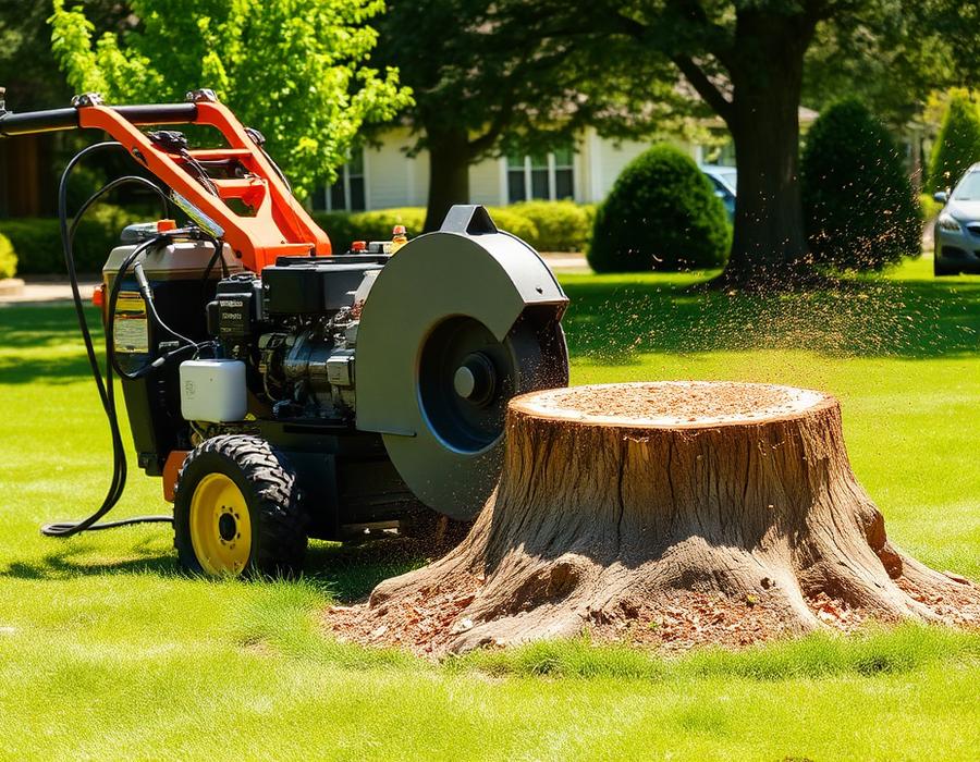 Stump grinder removing a large stump from a green lawn