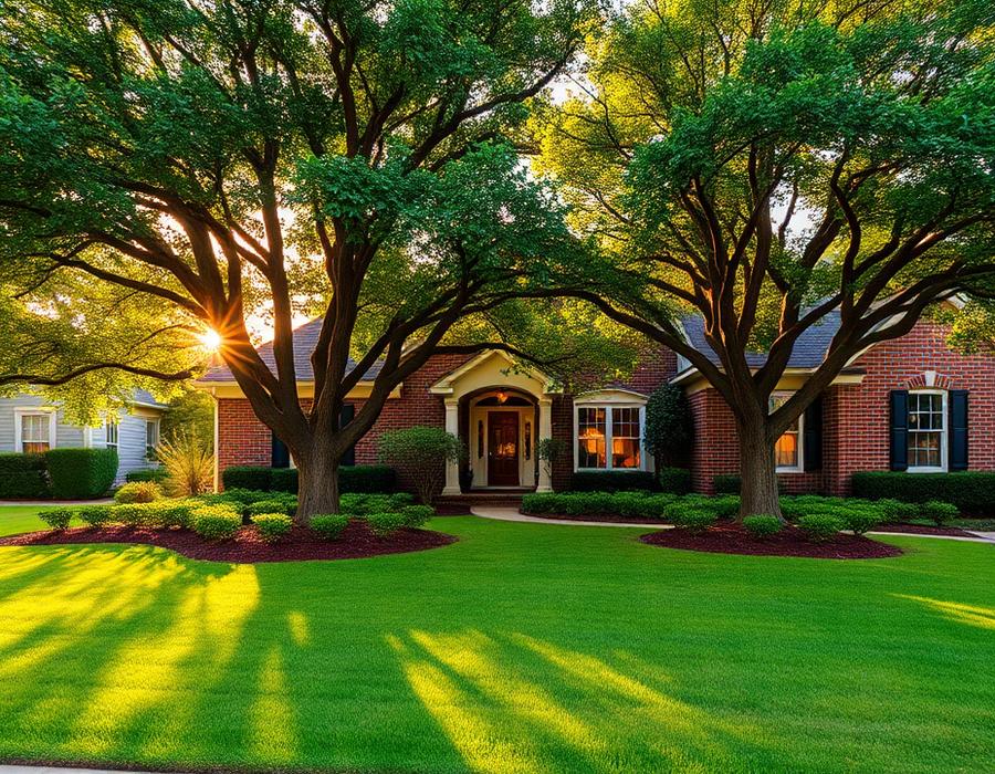 Neatly pruned shade trees over a tidy brick-home front lawn
